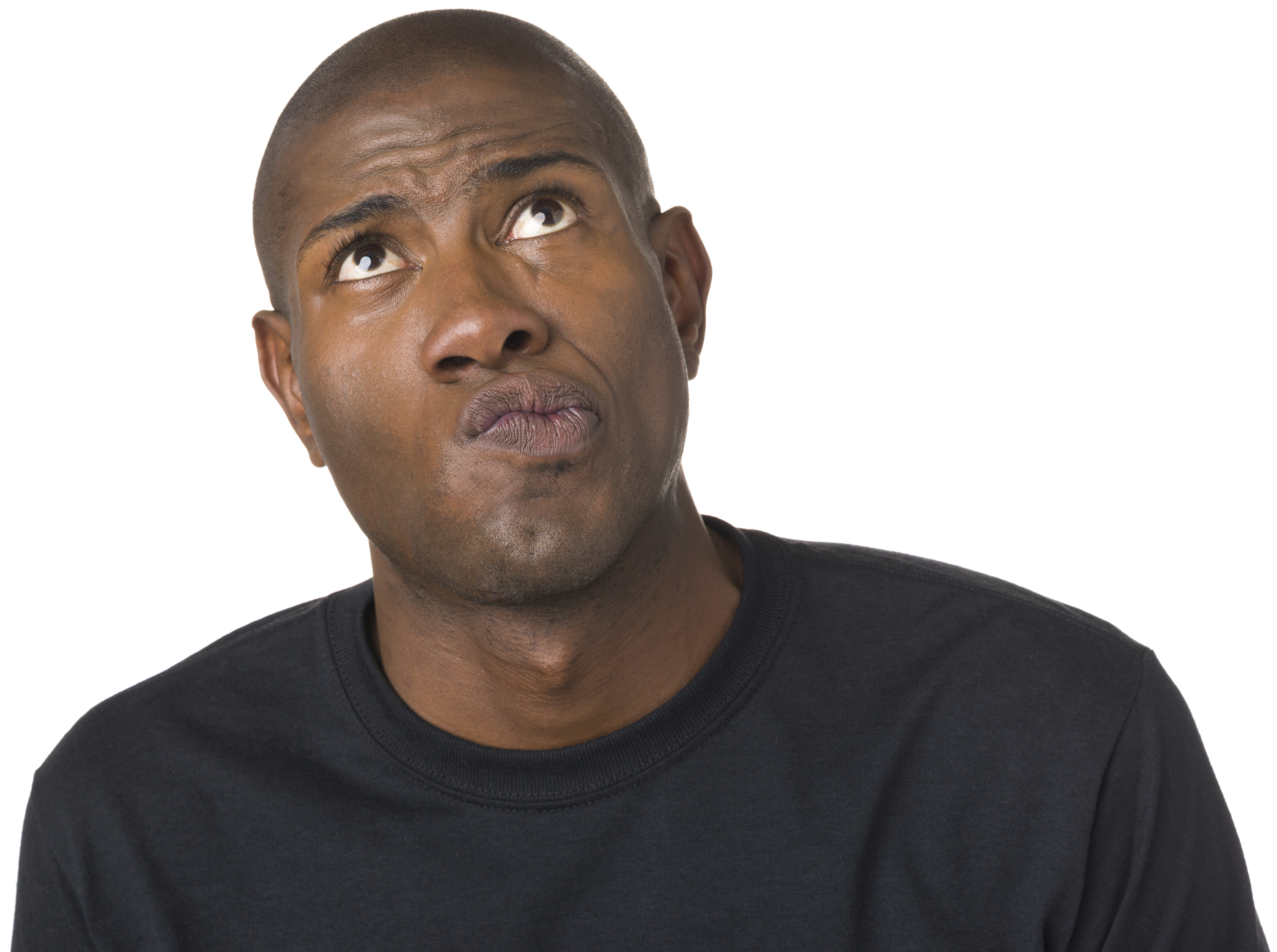 A man with a confused facial expression looking up