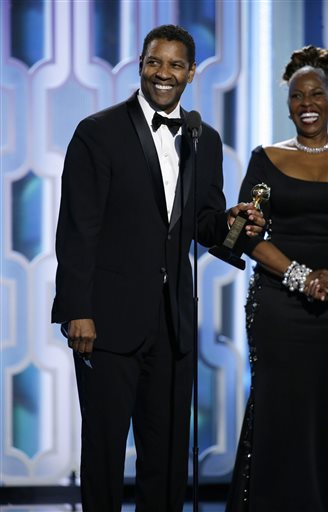 In this image released by NBC, Denzel Washington accepts the Cecil B. Demille Award  at the 73rd Annual Golden Globe Awards at the Beverly Hilton Hotel in Beverly Hills, Calif., on Sunday, Jan. 10, 2016. (Paul Drinkwater/NBC via AP)