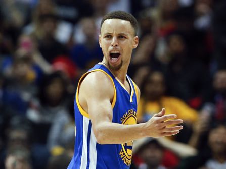 Golden State Warriors guard Stephen Curry (30) reacts after being charged with a foul in the first half of an NBA basketball game against the Atlanta Hawks, Monday, Feb. 22, 2016, in Atlanta. (AP Photo/John Bazemore)