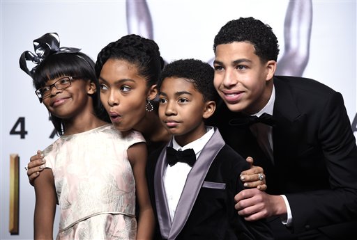 Marsai Martin, from left, Yara Shahidi,  Miles Brown and Marcus Scribner, winners of the award for award for outstanding comedy series for black-ish  pose in the press room at the 47th NAACP Image Awards at the Pasadena Civic Auditorium on Friday, Feb. 5, 2016, in Pasadena, Calif. (Photo by Chris Pizzello/Invision/AP)