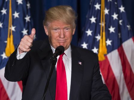 Republican presidential candidate Donald Trump gives a thumbs up after giving a foreign policy speech at the Mayflower Hotel in Washington, Wednesday, April 27, 2016. Trump's highly anticipated foreign policy speech Wednesday will test whether the Republican presidential front-runner, known for his raucous rallies and eyebrow-raising statements, can present a more presidential persona as he works to unite the GOP establishment behind him. (AP Photo/Evan Vucci)