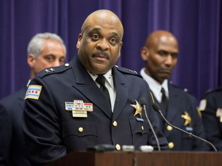 FILE - In this March 28, 2016 file photo, Eddie Johnson speaks to the media after Mayor Rahm Emanuel announced that he was appointing him the interim superintendent of the Chicago Police Department at CPD Headquarters in Chicago. On Tuesday, April 12, 2016, a Chicago City Council panel is expected to consider whether Emanuel should be allowed to appoint Johnson, a longtime member of the police department, as its next chief rather than choose from among three recommended finalists. (AP Photo/Teresa Crawford, File)