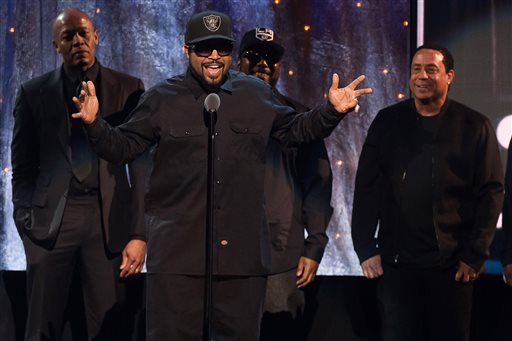 Inductees Dr. Dre, from left, Ice Cube, MC Ren and DJ Yella from N.W.A appear at the 31st Annual Rock and Roll Hall of Fame Induction Ceremony at the Barclays Center on Friday, April 8, 2016, in New York. (Photo by Charles Sykes/Invision/AP)