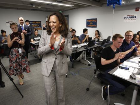 Attorney General Kamala Harris, a candidate for the U.S. Senate, thanks supporters who worked a phone bank for her at the California Democratic Party headquarters on election day, Tuesday, June 7, 2016, in Sacramento, Calif. Harris is running against fellow Democrat Rep. Loretta Sanchez, among others, to replace Barbara Boxer who is retiring. (AP Photo/Rich Pedroncelli)