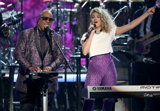 Stevie Wonder, left, and Tori Kelly perform Take Me With U during a tribute to Prince at the BET Awards at the Microsoft Theater on Sunday, June 26, 2016, in Los Angeles. (Photo by Matt Sayles/Invision/AP)