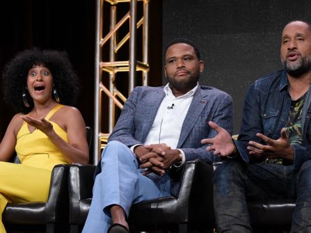 Tracee Ellis Ross, from left, Anthony Anderson and Kenya Barris participate in the "Black-ish'" panel during the Disney/ABC Television Critics Association summer press tour on Thursday, Aug. 4, 2016, in Beverly Hills, Calif. (Photo by Richard Shotwell/Invision/AP)