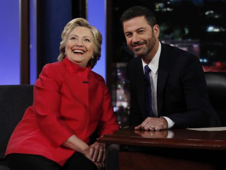 Democratic presidential nominee Hillary Clinton pauses to pose for a photograph as she talks with Jimmy Kimmel during a break in taping of "Jimmy Kimmel Live!" in Los Angeles, Monday, Aug. 22, 2016. (AP Photo/Carolyn Kaster)