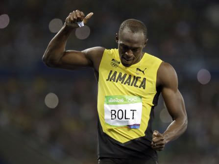 Usain Bolt from Jamaica celebrates winning the gold medal in the men's 200-meter final during the athletics competitions of the 2016 Summer Olympics at the Olympic stadium in Rio de Janeiro, Brazil, Thursday, Aug. 18, 2016. (AP Photo/David J. Phillip)