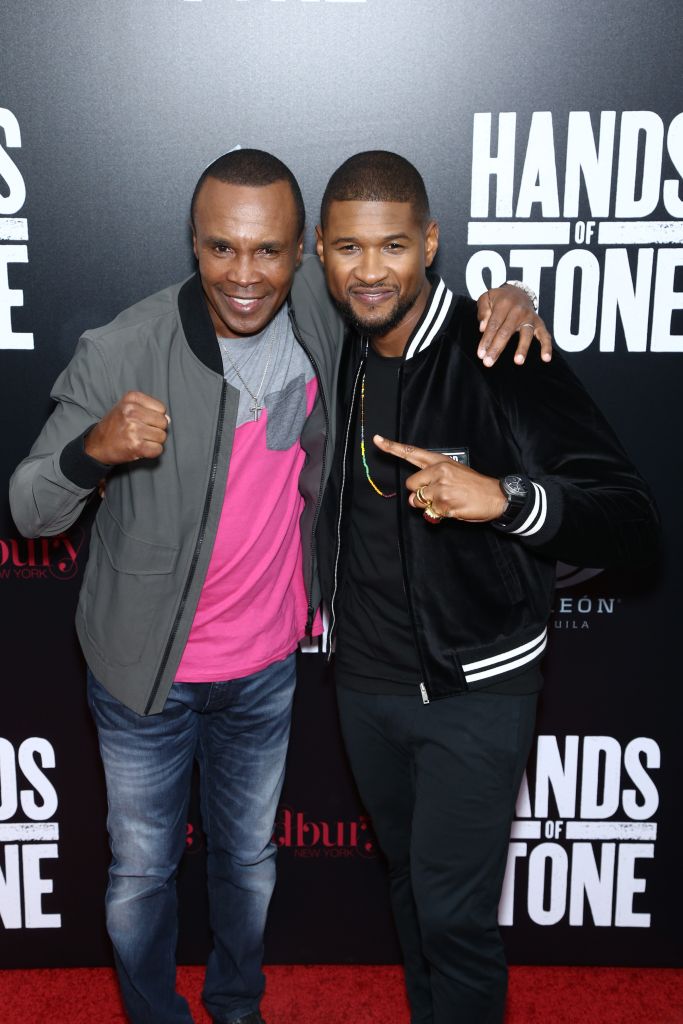 08/22/2016 - Sugar Ray Leonard, Usher - "Hands of Stone" U.S. Premiere - Arrivals - SVA Theatre, 333 W 23rd Street - New York City, NY, USA - Keywords: Arts Culture and Entertainment, Attending, Film Industry, Movie Premiere, Person, People, Celebrity, Celebrities, Photography, Portrait, Red Carpet Event, School of Visual Arts Theater Orientation: Portrait Face Count: 2 - False - Photo Credit: John Nacion Imaging / PRPhotos.com - Contact (1-866-551-7827) - Portrait Face Count: 2