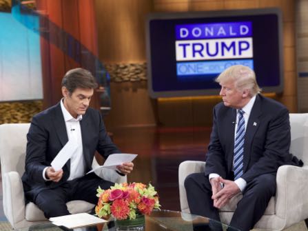 This image released by Sony Pictures Entertainment shows Dr. Oz, left, and Republican presidential candidate Donald Trump during a taping of "The Dr. Oz Show," in New York. The show will air on Thursday, Sept. 15. (Sony Pictures Entertainment via AP)