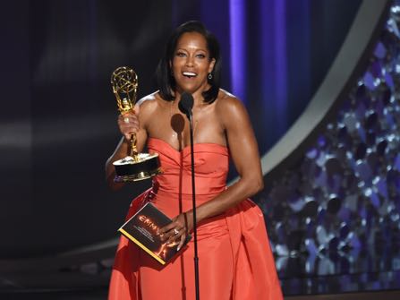 Regina King accepts the award for outstanding supporting actress in a limited series or movie for “American Crime” at the 68th Primetime Emmy Awards on Sunday, Sept. 18, 2016, at the Microsoft Theater in Los Angeles. (Photo by Chris Pizzello/Invision/AP)