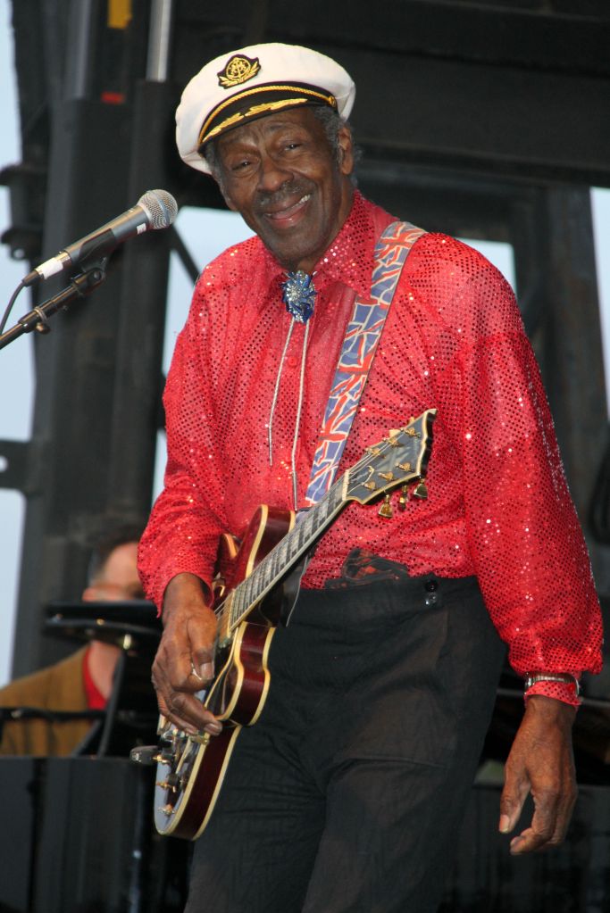 04/03/2010 - Chuck Berry - Chuck Berry in Concert at the Las Vegas Rockabilly Weekend - April 3, 2010 - Orleans Hotel - Las Vegas, NV, USA - Keywords: black pants, red shirt, bolo tie, guitar, facial hair, scruff, moustache, white captain's hat - 0 - - Photo Credit: PRN / PR Photos - Contact (1-866-551-7827)
