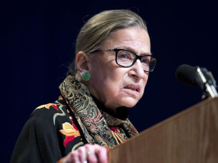 FILE - In this Jan. 28, 2016 file photo, Supreme Court Justice Ruth Bader Ginsburg speaks at Brandeis University in Waltham, Mass. Ginsburg is riding the wave of her cultural rockstardom, releasing a compilation of her writings that range from a high school editorial to summaries of some of her spiciest dissenting opinions. (AP Photo/Michael Dwyer, File)