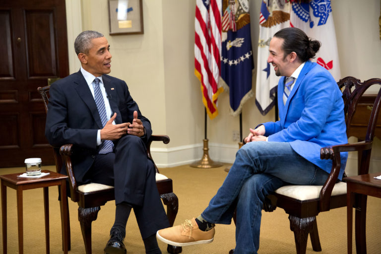 President Barack Obama participates in an interview with Lin-Manuel Miranda for the PBS documentary "Hamilton's America" in the Roosevelt Room of the White House, March 14, 2016. (Official White House Photo by Chuck Kennedy) This photograph is provided by THE WHITE HOUSE as a courtesy and may be printed by the subject(s) in the photograph for personal use only. The photograph may not be manipulated in any way and may not otherwise be reproduced, disseminated or broadcast, without the written permission of the White House Photo Office. This photograph may not be used in any commercial or political materials, advertisements, emails, products, promotions that in any way suggests approval or endorsement of the President, the First Family, or the White House.