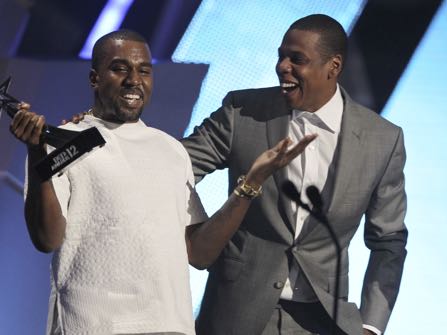 FILE - In this July 1, 2012, file photo, Kanye West, left, and Jay-Z accept the award for best group for "The Throne" at the BET Awards in Los Angeles. West told the crowd during his show in Seattle on Oct. 19, 2016, that his kids haven't played with Jay Z's daughter. (Photo by Matt Sayles/Invision/AP, File)