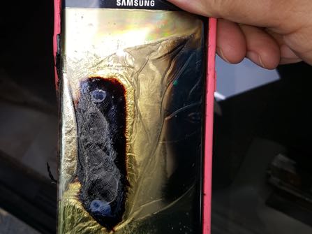 This Friday, Oct. 7, 2016, photo provided by Andrew Zuis, of Farmington, Minn., shows the replacement Samsung Galaxy Note 7 phone belonging to his 13-year-old daughter Abby, that melted in her hand earlier in the day. "She's done with Note 7s right now," Zuis said of his daughter. Reports of more replacement phones catching fire are trickling in, and the South Korean tech giant faces more scrutiny after earlier criticism for being slow to react and sending confusing signals in the first days of the recall. (Andrew Zuis via AP)