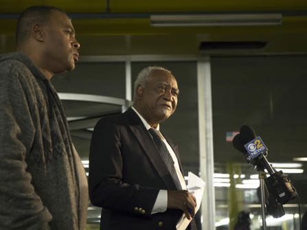 Congressman Danny Davis, right, and his son, Stacey Wilson, speak during a press conference at the 5th District police department, Friday, Nov. 18, 2016, in the Englewood neighborhood. Fifteen-year-old Jovan Wilson, the grandson of Danny Davis and son of Stacey Wilson, was shot and killed while staying at his house, Friday evening. Jovan was a sophomore at Perspective high school. (Alyssa Pointer/ Chicago Tribune)