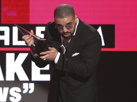 Drake accepts the award for favorite album rap/hip-hop for "Views" at the American Music Awards at the Microsoft Theater on Sunday, Nov. 20, 2016, in Los Angeles. (Photo by Matt Sayles/Invision/AP)
