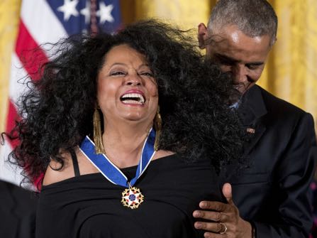 President Barack Obama presents the Presidential Medal of Freedom to singer Diana Ross during a ceremony in the East Room of the White House, Tuesday, Nov. 22, 2016, in Washington. Obama is recognizing 21 Americans with the nation's highest civilian award, including giants of the entertainment industry, sports legends, activists and innovators. (AP Photo/Andrew Harnik)
