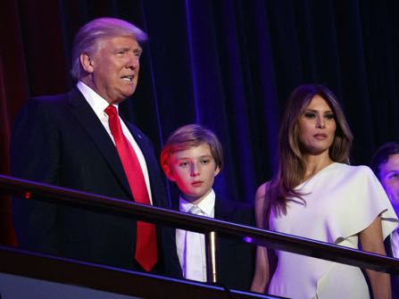 President-elect Donald Trump, left, arrives to speak at an election night rally, Wednesday, Nov. 9, 2016, in New York. From left, Trump, his son Barron, wife Melania, Jared Kushner, and Ivanka Trump. (AP Photo/ Evan Vucci)