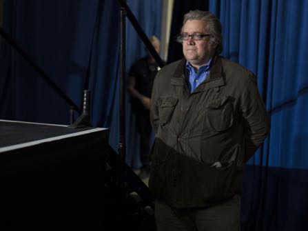 Stephen Bannon, campaign CEO for Republican presidential candidate Donald Trump, looks on as Trump speaks during a campaign rally, Saturday, Nov. 5, 2016, in Denver. (AP Photo/ Evan Vucci)