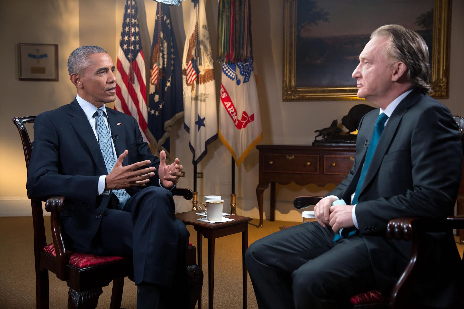 In this Tuesday, Nov. 1, 2016 photo provided by HBO, host Bill Maher, right, speaks with his interview guest, President Barack Obama, left, during a taping of the television show "Real Time with Bill Maher," at the White House in Washington. The show aired on HBO's "Real Time" Friday night, Nov. 4. Obama spoke with pride of his achievements during his two terms as chief executive, saying "every single issue we've made progress on" will be on the ballot next Tuesday in the form of the opposing candidates. (Amanda Lucidon/HBO via AP)