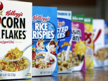 FILE - This Feb. 1, 2012, file photo, shows Kellogg's cereal products, in Orlando, Fla. Kellogg Co. reports quarterly earnings on Thursday, Feb. 6, 2014. (AP Photo/John Raoux, File)