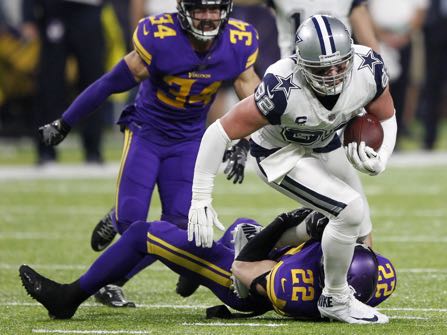 Dallas Cowboys tight end Jason Witten (82) is tackled by Minnesota Vikings free safety Harrison Smith (22) after making a reception during the second half of an NFL football game Thursday, Dec. 1, 2016, in Minneapolis. (AP Photo/Andy Clayton-King)