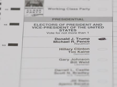 A ballot with a vote for Donald J. Trump is shown during a statewide presidential election recount in Waterford Township, Mich., Monday, Dec. 5, 2016. (AP Photo/Paul Sancya)