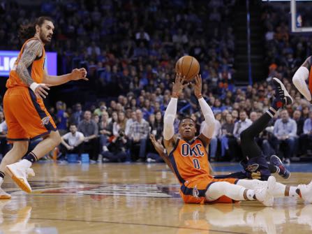 during the first half of an NBA basketball game in Oklahoma City, Sunday, Dec. 4, 2016. (AP Photo/Alonzo Adams)
