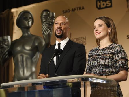 Actors Common, left, and Sophia Bush announce the nominations for the 23rd Annual Screen Actors Guild Awards at the Pacific Design Center on Wednesday, Dec. 14, 2016, in West Hollywood, Calif. The annual awards show honoring film and television performances will be held on January 29, 2017, in Los Angeles. (Photo by Chris Pizzello/Invision/AP)