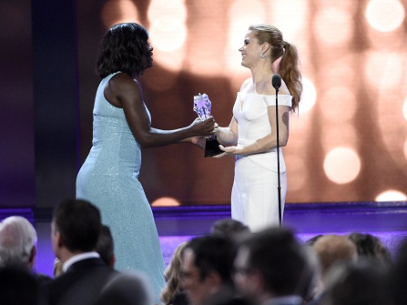 Amy Adams, right, presents Viola Davis with the #SEEHER award at the 22nd annual Critics' Choice Awards at the Barker Hangar on Sunday, Dec. 11, 2016, in Santa Monica, Calif. (Photo by Chris Pizzello/Invision/AP)