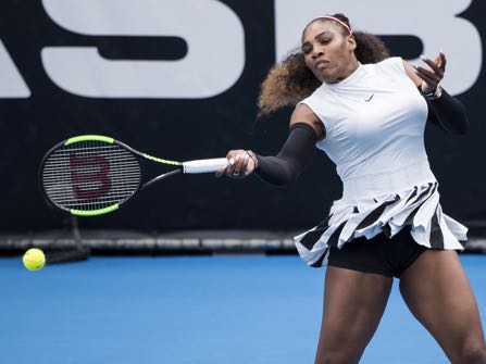 United States' Serena Williams hits a forehand during her first round match against Pauline Parmentier of France at the ASB Classic tennis tournament in Auckland, New Zealand, Tuesday, Jan 3, 2017. Williams won in straight sets 6-3, 6-4. (Jason Oxenham/New Zealand Herald via AP)
