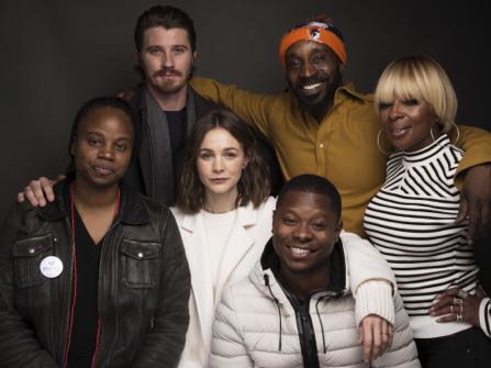 Director Dee Rees, from left, actors Garrett Hedlund, Rob Morgan, Mary J. Blige, Carrey Mulligan, center, and Jason Mitchell, bottom pose for a portrait to promote the film, "Mudbound", at the Music Lodge during the Sundance Film Festival on Saturday, Jan. 21, 2017, in Park City, Utah. (Photo by Taylor Jewell/Invision/AP)