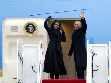 President Barack Obama and first lady Michelle Obama wave from Air Force One at Andrews Air Force Base, Md., Tuesday, Jan. 10, 2017. Obama is traveling to Chicago to give his presidential farewell address, continuing a tradition established by the nation's first president more than two centuries ago. ( AP Photo/Jose Luis Magana)