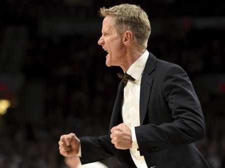 Golden State Warriors head coach Steve Kerr yells out at his team during the fourth quarter of an NBA basketball game against the Portland Trail Blazers in Portland, Ore., Sunday, Jan. 29, 2017. The Warriors won the game 113-111. (AP Photo/Steve Dykes)