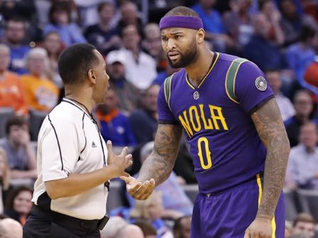 New Orleans Pelicans forward DeMarcus Cousins (0) reacts to an officials call against him during the first half of an NBA basketball game in Oklahoma City, Sunday, Feb. 26, 2017. (AP Photo/Alonzo Adams)