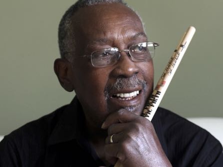2013- file photo-Legendary drummer Clyde Stubblefield, pictured in his Madison, Wis. home Wednesday, October 23, 2013, will be honored with the Yamaha Legacy Award during a gathering of the Wisconsin State Music Conference on Friday, October 25, 2013 in Madison. (AP Photo/Wisconsin State Journal, John Hart )