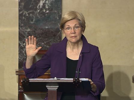 In this image from Senate Television, Sen. Elizabeth Warren, D-Mass., speaks on the floor of the U.S. Senate in Washington, Feb. 6, 2017, about the nomination of Betsy DeVos to be Education Secretary. The Senate will be in session around the clock this week as Republicans aim to confirm more of President Donald Trump's Cabinet picks over Democratic opposition. (Senate TV via AP)