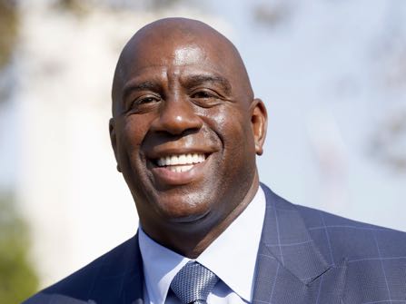 Former Los Angeles Lakers star Magic Johnson speaks at a groundbreaking ceremony for a stadium which will be home to the Los Angeles Football Club in Los Angeles on Tuesday, Aug. 23, 2016. Johnson, a co-owner of the soccer team, was on hand for the groundbreaking for the $350 million stadium that will house Southern California's newest soccer team. (AP Photo/Nick Ut)
