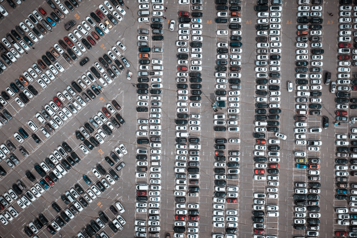 Drone shot directly above a large group of cars, China
