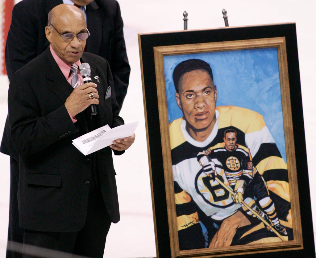 (011908 Boston, MA) Former Boston Bruin and the first African-American player to play in the NHL Willie O'Ree speaks after he was honored by NHL and the Bruins during the first intermission of the Bruins game against the New York Rangers on Saturd