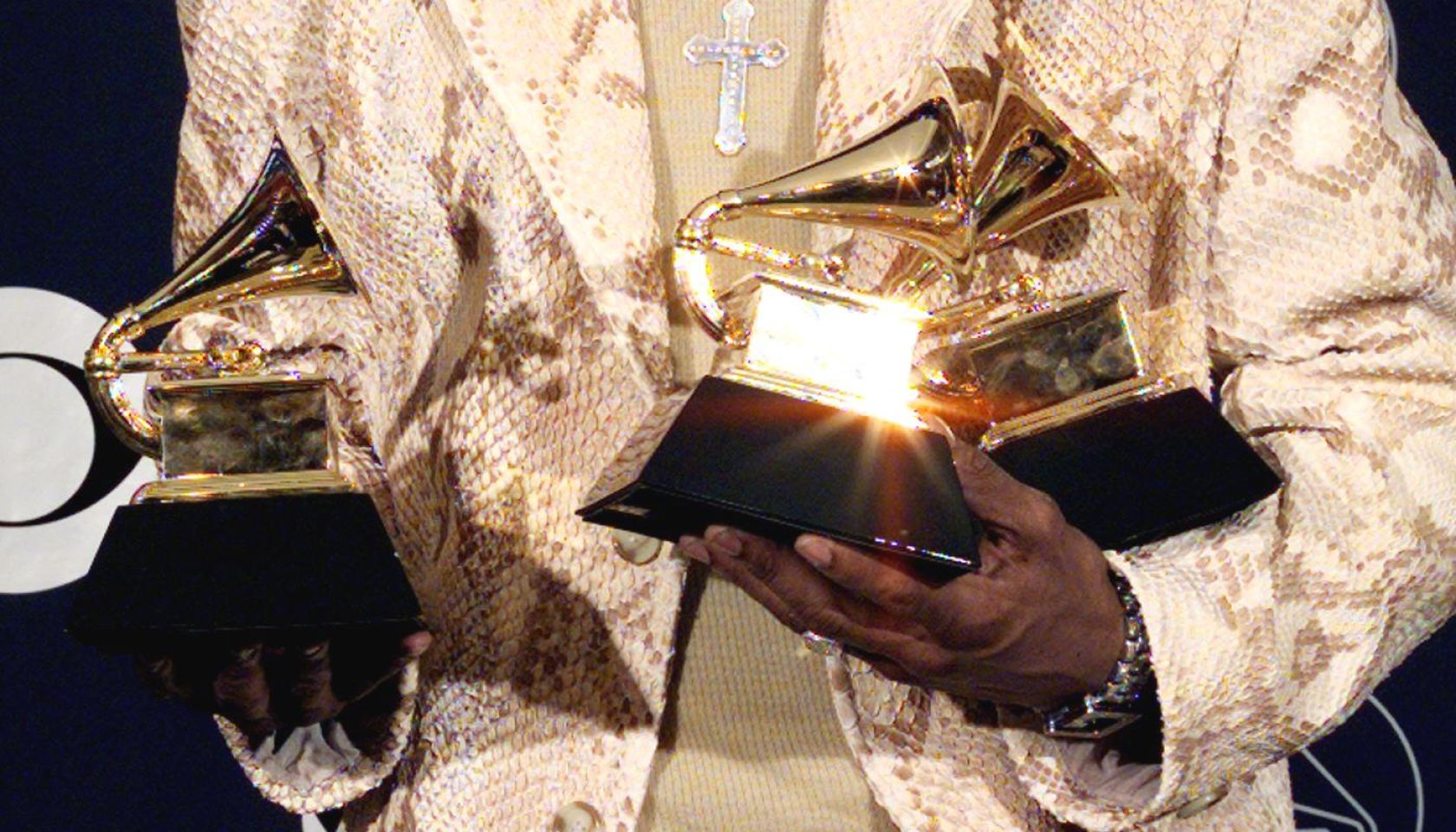 R. Kelly holds his three Grammy Awards 25 February