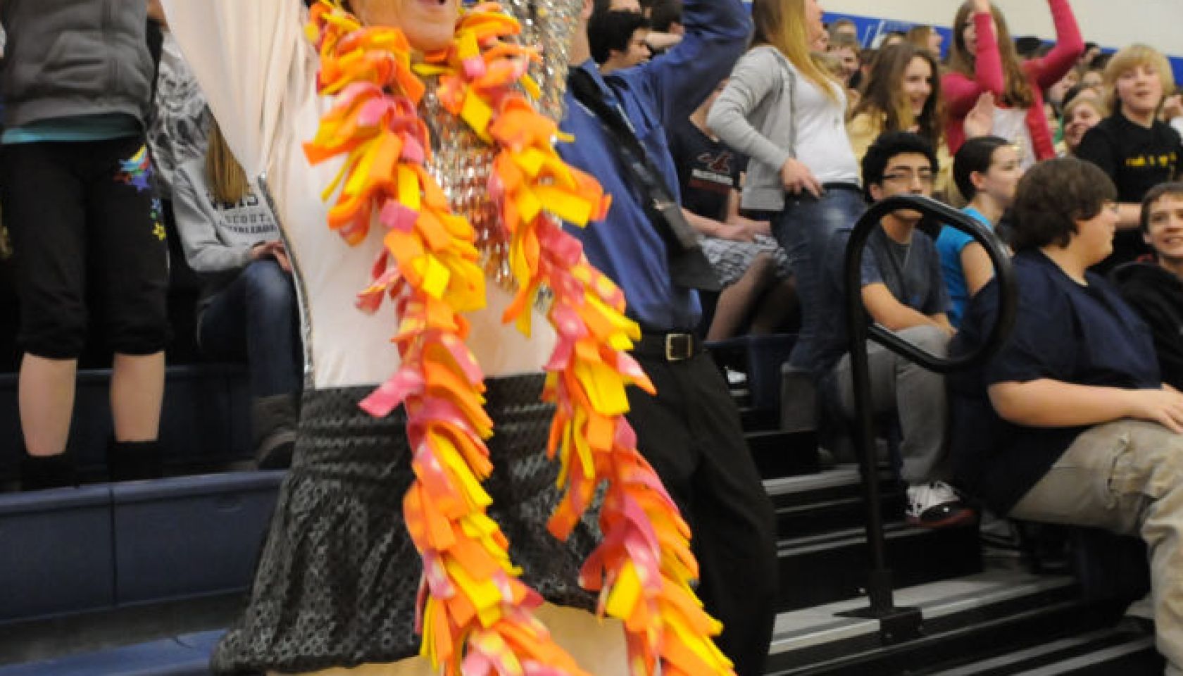 Photo by Tim Leedy 3/12/12PSSA Pep Rally at Conrad Weiser Middle School.Ruthie Wolfe, Emcee and 5th grade teacher does the wave.