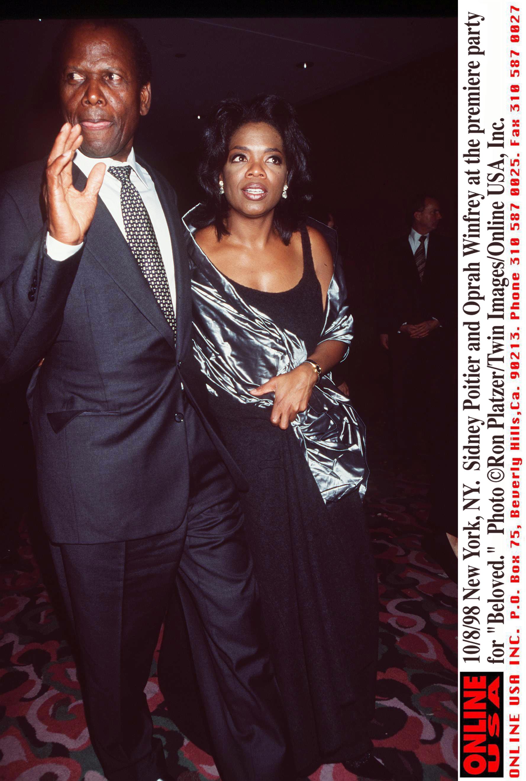 Oprah Winfrey And Sidney Poitier At The World Premiere Of Beloved At The Ziegfie