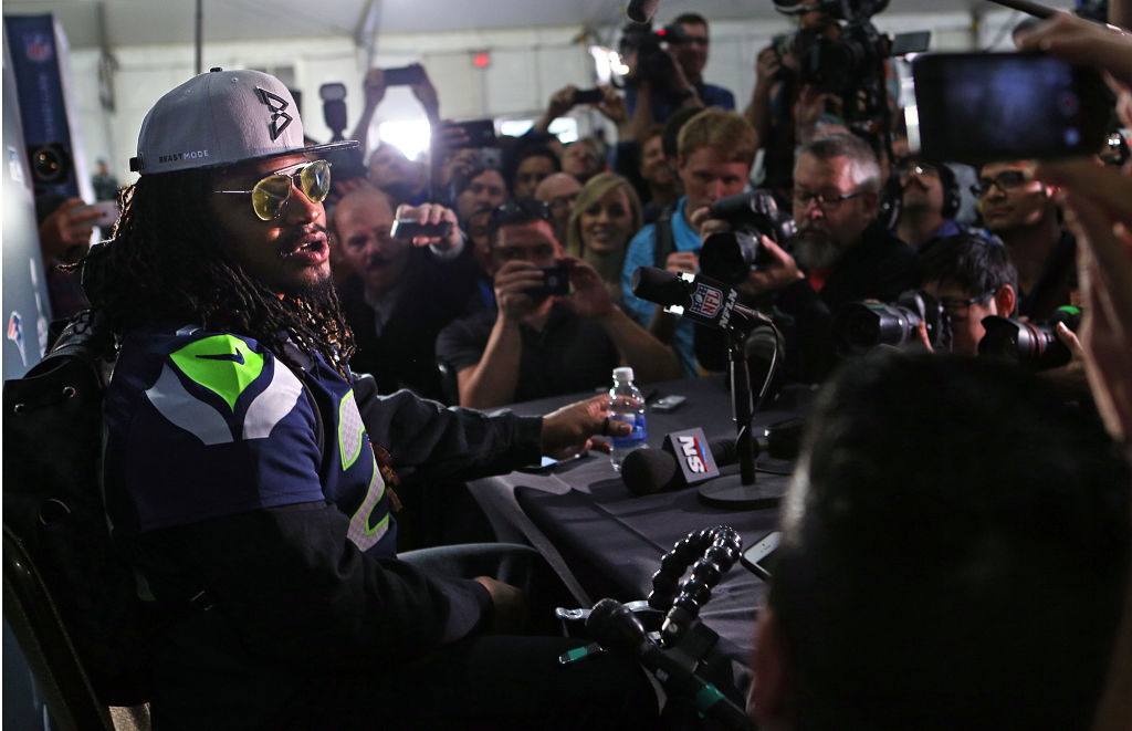 (012815 Phoenix, AZ) Seattle Seahawks Marshawn Lynch answered questions with the response "you all know why I am here" during the Media availability at the Arizona Grand, Phoenix,(Wednesday,January 28, 2015). Staff Photo by Nancy Lane