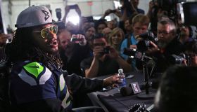 (012815 Phoenix, AZ) Seattle Seahawks Marshawn Lynch answered questions with the response "you all know why I am here" during the Media availability at the Arizona Grand, Phoenix,(Wednesday,January 28, 2015). Staff Photo by Nancy Lane