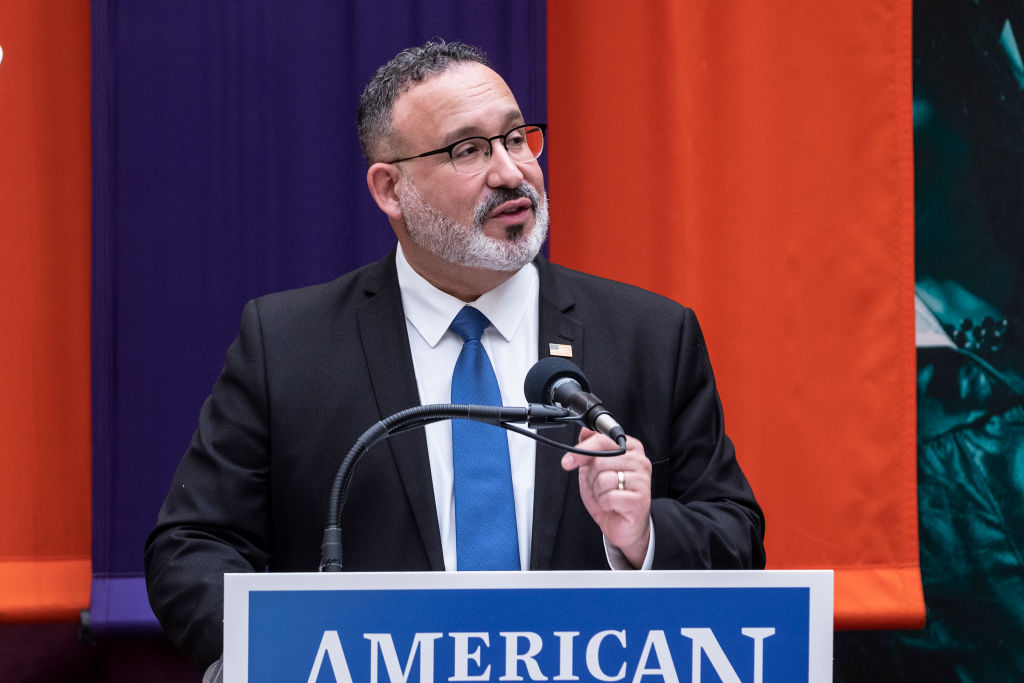 Secretary of Education Miguel Cardona speaks during visit to...