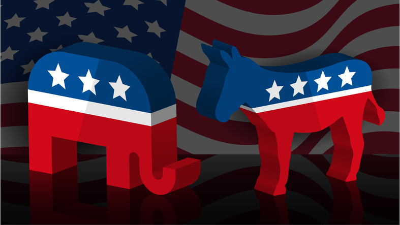 An elephant and donkey in silhouette facing off with an American flag in the background democrat and republican political mascot animals