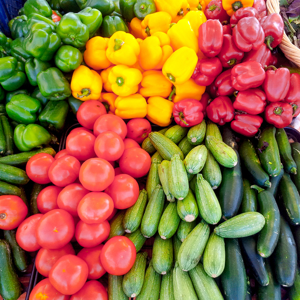 Delicious bell peppers,tomatoes,zucchinis, eggplants at farmers market.